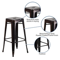 4 Pk. Commercial Grade 30" High Backless Black-Antique Gold Metal Indoor-Outdoor Barstool with Square Seat