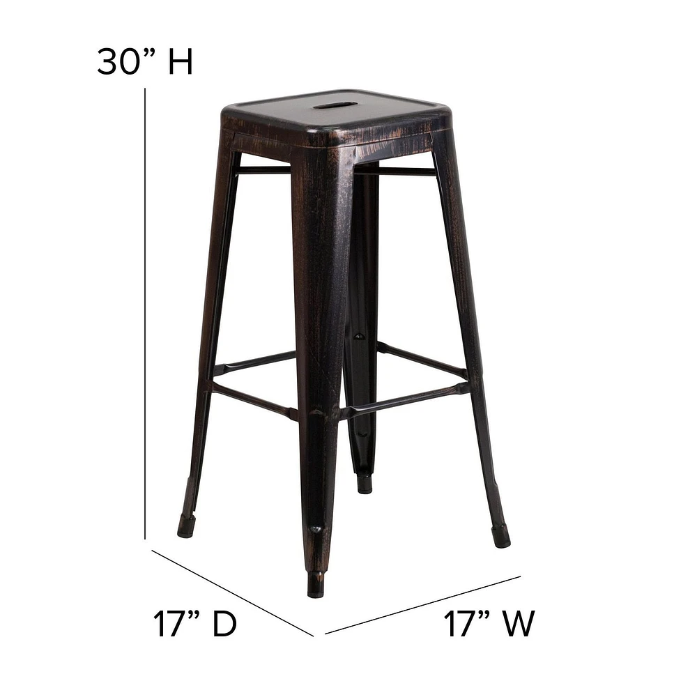 Lot de 4 pièces - Tabouret de bar intérieur / extérieur de 30 po haut de qualité commerciale en métal doré noir antique sans dossier avec siège carré