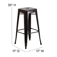 4 Pk. Commercial Grade 30" High Backless Black-Antique Gold Metal Indoor-Outdoor Barstool with Square Seat