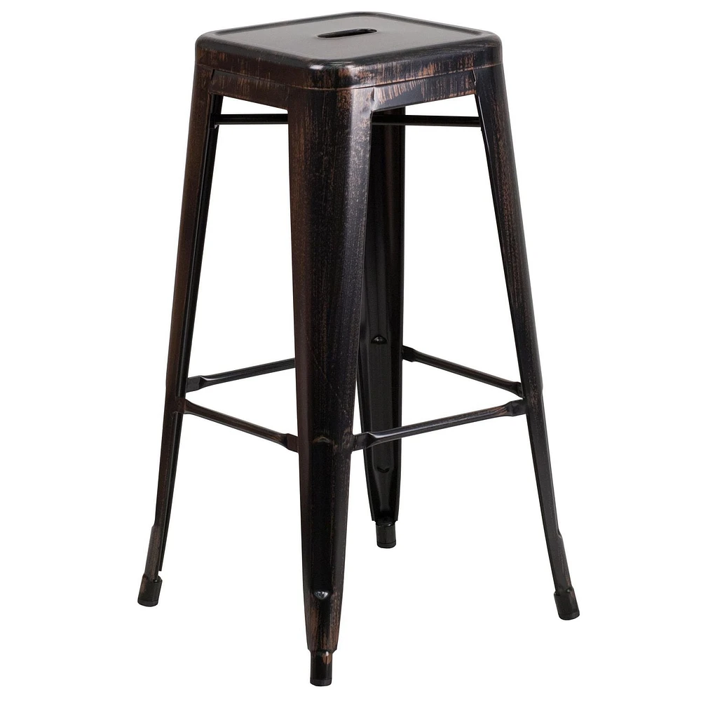 Lot de 4 pièces - Tabouret de bar intérieur / extérieur de 30 po haut de qualité commerciale en métal doré noir antique sans dossier avec siège carré