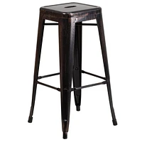 4 Pk. Commercial Grade 30" High Backless Black-Antique Gold Metal Indoor-Outdoor Barstool with Square Seat