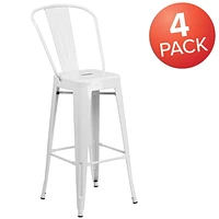 Commercial Grade 4 Pack 30" High White Metal Indoor-Outdoor Barstool with Back