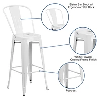 Commercial Grade 4 Pack 30" High White Metal Indoor-Outdoor Barstool with Back