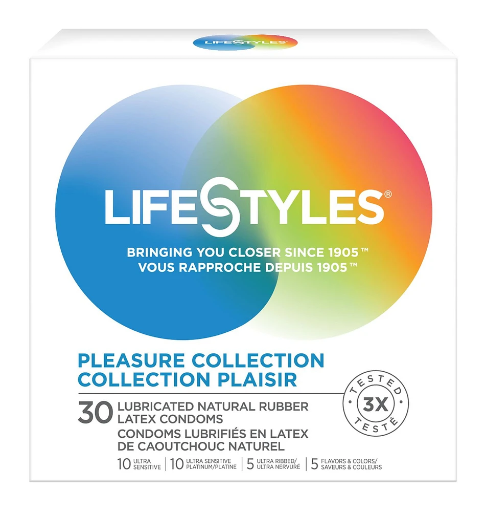 LifeStyles Collection Plaisir | 30 Condoms Lubrifiés en Latex de Caoutchouc Naturel - 10 Ultra Sensitive, 10 Ultra Sensitive Platine, 5 Ultra Nervuré, 5 Saveurs & Couleurs