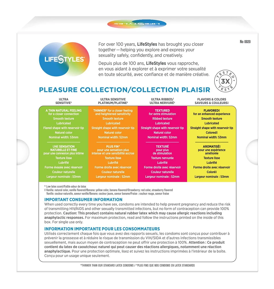 LifeStyles Collection Plaisir | 30 Condoms Lubrifiés en Latex de Caoutchouc Naturel - 10 Ultra Sensitive, 10 Ultra Sensitive Platine, 5 Ultra Nervuré, 5 Saveurs & Couleurs