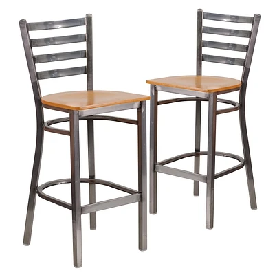 2 Pk. HERCULES Series Clear Coated Ladder Back Metal Restaurant Barstool - Natural Wood Seat