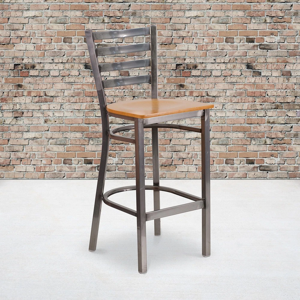 2 Pk. HERCULES Series Clear Coated Ladder Back Metal Restaurant Barstool - Natural Wood Seat