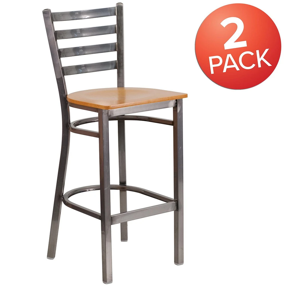 2 Pk. HERCULES Series Clear Coated Ladder Back Metal Restaurant Barstool - Natural Wood Seat