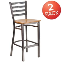 2 Pk. HERCULES Series Clear Coated Ladder Back Metal Restaurant Barstool - Natural Wood Seat