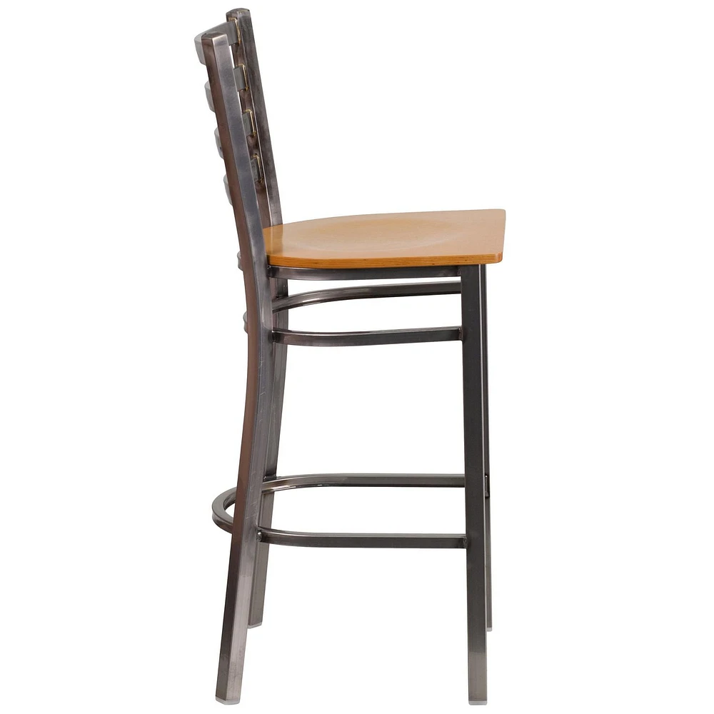 2 Pk. HERCULES Series Clear Coated Ladder Back Metal Restaurant Barstool - Natural Wood Seat