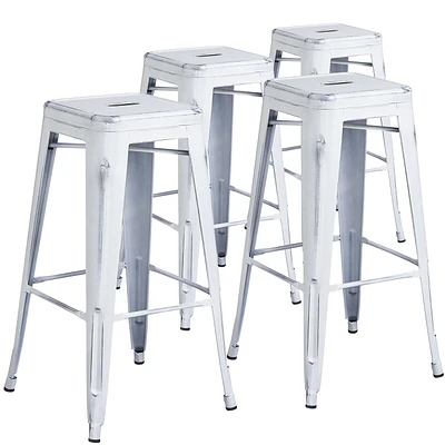 Commercial Grade 4 Pack 30" High Backless Distressed White Metal Indoor-Outdoor Barstool