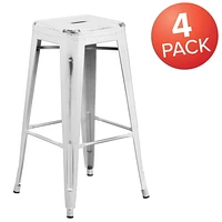 Commercial Grade 4 Pack 30" High Backless Distressed White Metal Indoor-Outdoor Barstool