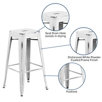 Commercial Grade 4 Pack 30" High Backless Distressed White Metal Indoor-Outdoor Barstool