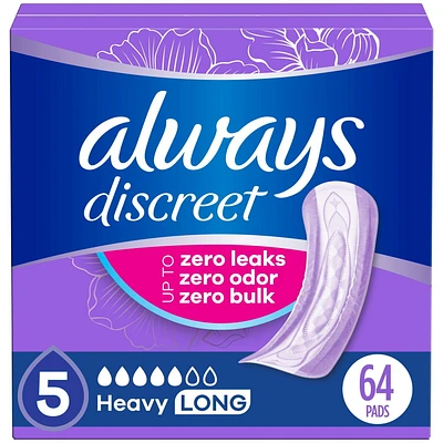 Serviettes d’incontinence et de post-partum Always Discreet, longues, degré d’absorption abondant, pour femmes, 64serviettes 64CT