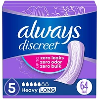 Serviettes d’incontinence et de post-partum Always Discreet, longues, degré d’absorption abondant, pour femmes, 64serviettes 64CT