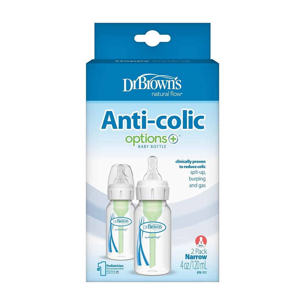 Dr. Brown’s® Natural Flow Anti-Colic Options+ Narrow Baby Bottle, 4oz/120 mL, Level 1 Slow Flow Nipple, 2-Pack, 0m+, 4 oz, 2 Pack