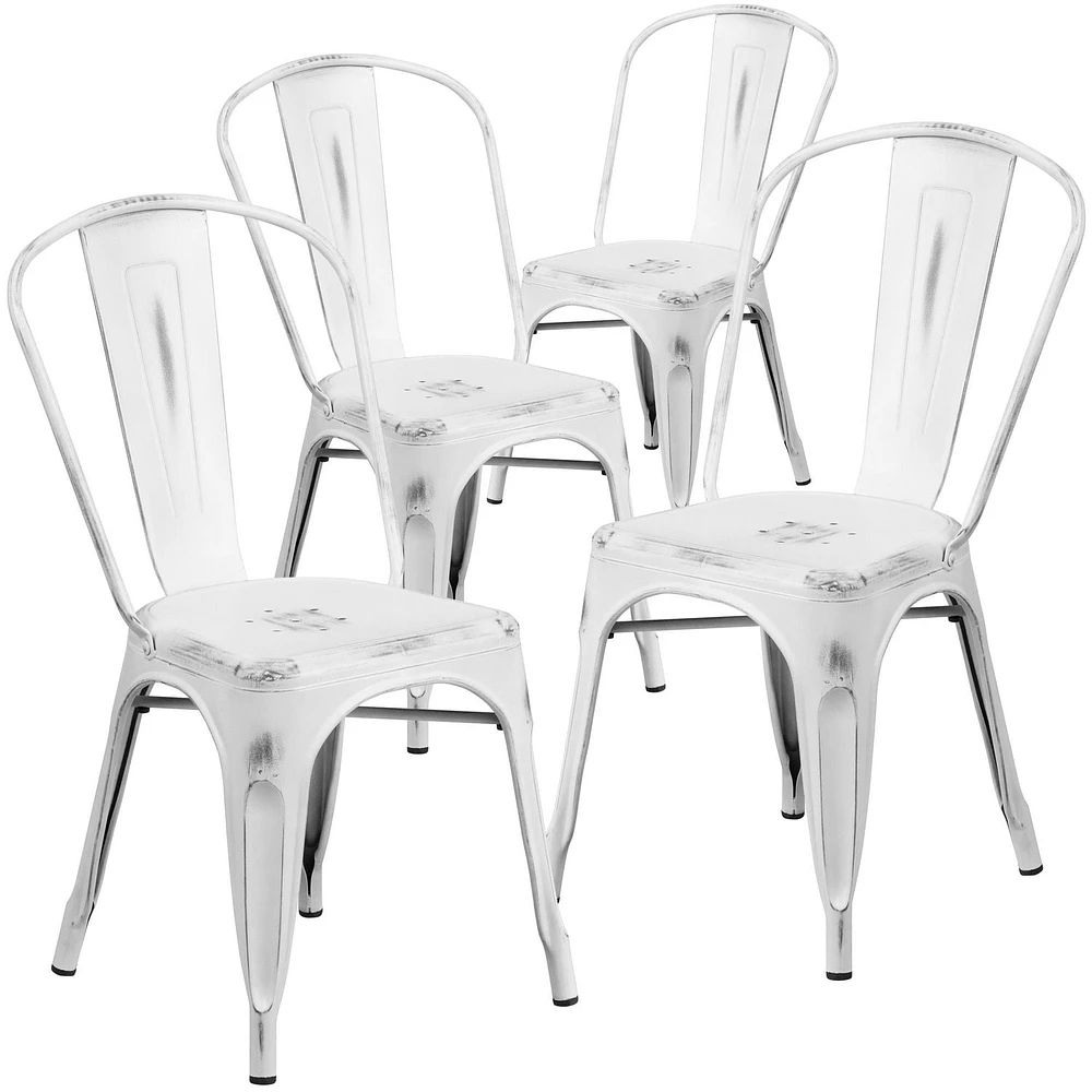 Commercial Grade 4 Pack Distressed Metal Indoor-Outdoor Stackable Chair