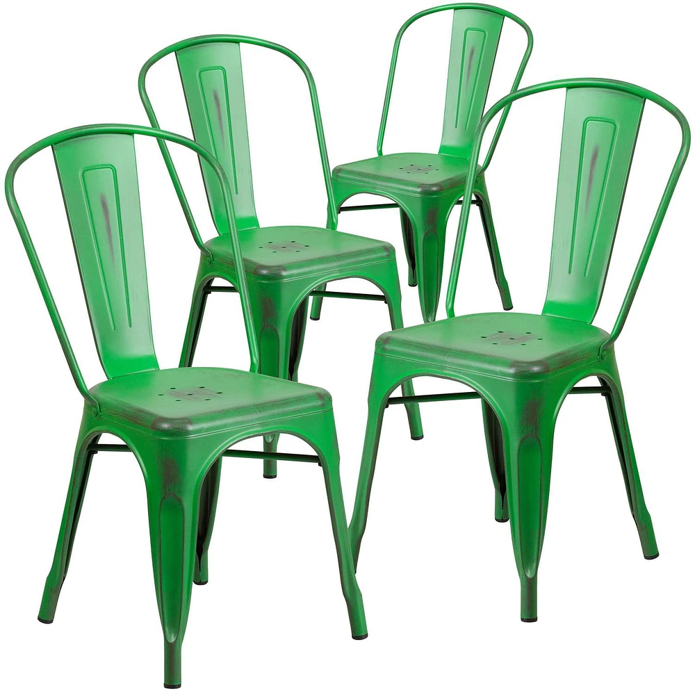 Commercial Grade 4 Pack Distressed Green Metal Indoor-Outdoor Stackable Chair