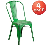 Commercial Grade 4 Pack Distressed Green Metal Indoor-Outdoor Stackable Chair