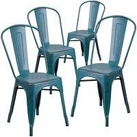 Commercial Grade 4 Pack Distressed Kelly Blue-Teal Metal Indoor-Outdoor Stackable Chair