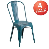 Commercial Grade 4 Pack Distressed Kelly Blue-Teal Metal Indoor-Outdoor Stackable Chair