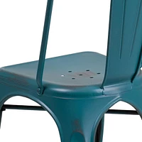 Commercial Grade 4 Pack Distressed Kelly Blue-Teal Metal Indoor-Outdoor Stackable Chair