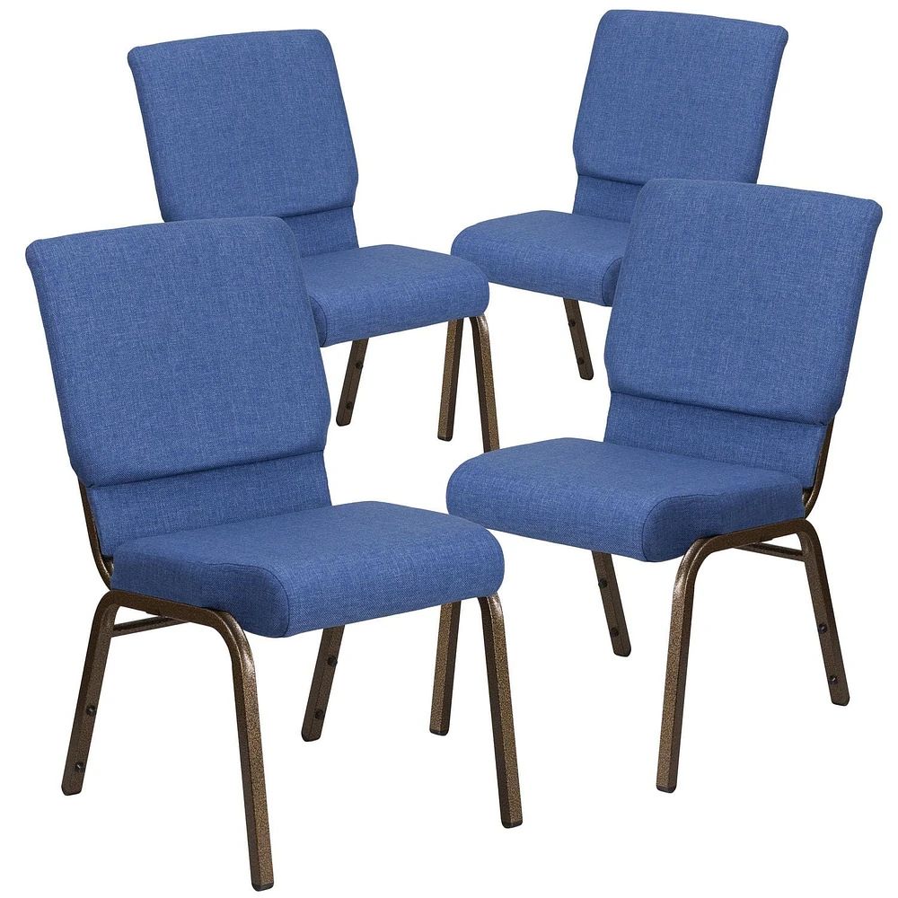 4 Pk. HERCULES Series 18.5''W Stacking Church Chair in Blue Fabric - Gold Vein Frame