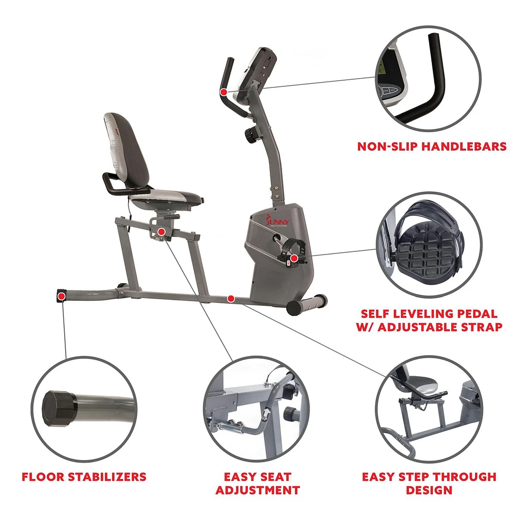 Sunny Health & Fitness Magnetic Recumbent Bike Exercise Bike with Easy Adjustable Seat, Tablet Holder, RPM and Pulse Rate Monitoring - SF-RB4806