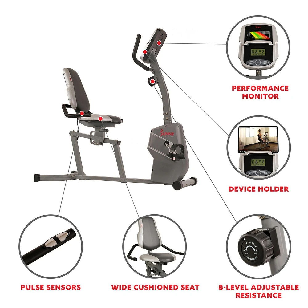 Sunny Health & Fitness Magnetic Recumbent Bike Exercise Bike with Easy Adjustable Seat, Tablet Holder, RPM and Pulse Rate Monitoring - SF-RB4806