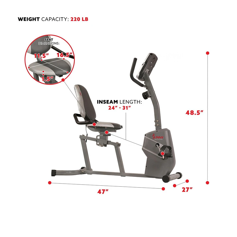 Sunny Health & Fitness Magnetic Recumbent Bike Exercise Bike with Easy Adjustable Seat, Tablet Holder, RPM and Pulse Rate Monitoring - SF-RB4806