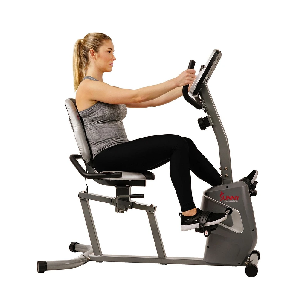 Sunny Health & Fitness Magnetic Recumbent Bike Exercise Bike with Easy Adjustable Seat, Tablet Holder, RPM and Pulse Rate Monitoring - SF-RB4806