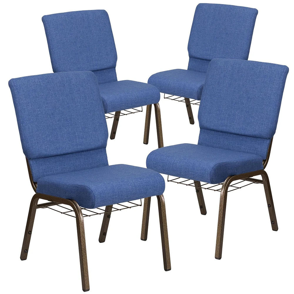 4 Pk. HERCULES Series 18.5''W Church Chair in Blue Fabric with Cup Book Rack - Gold Vein Frame