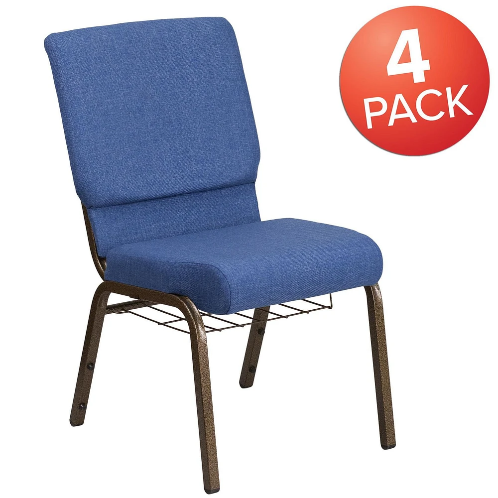 4 Pk. HERCULES Series 18.5''W Church Chair in Blue Fabric with Cup Book Rack - Gold Vein Frame