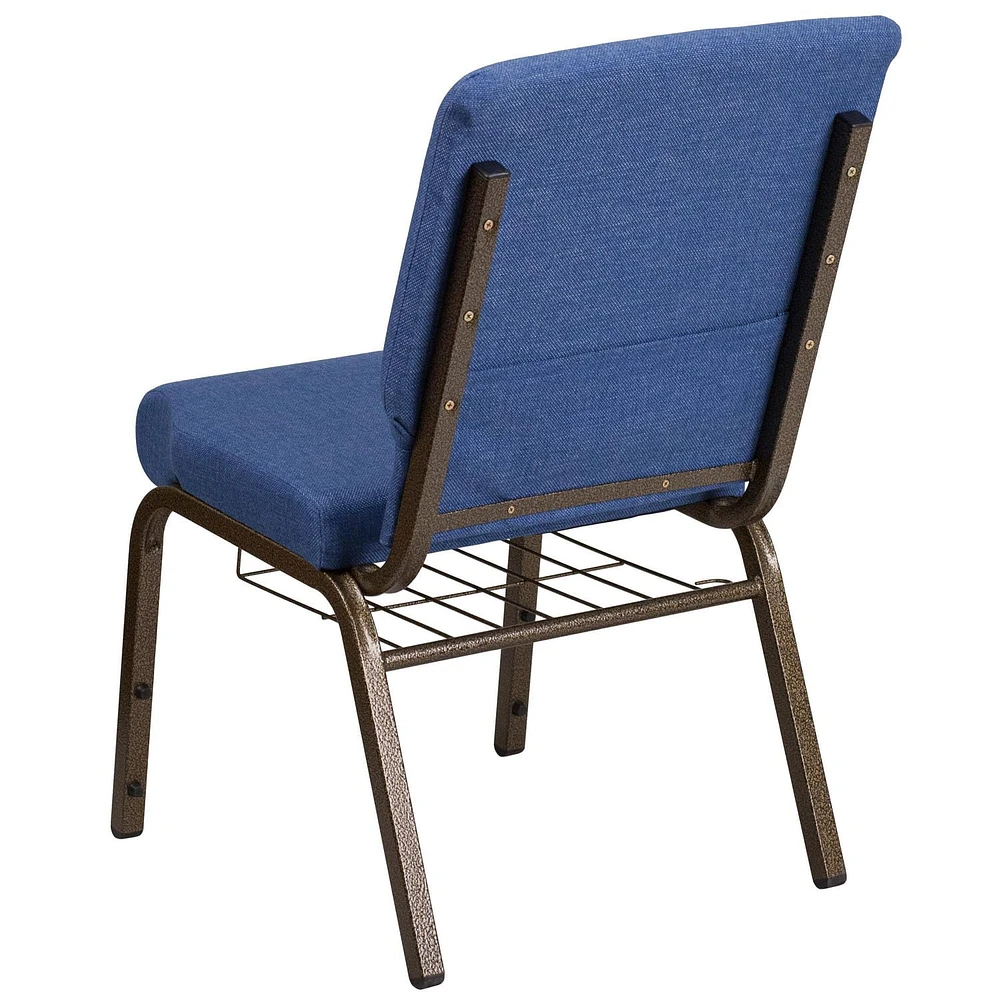 4 Pk. HERCULES Series 18.5''W Church Chair in Blue Fabric with Cup Book Rack - Gold Vein Frame