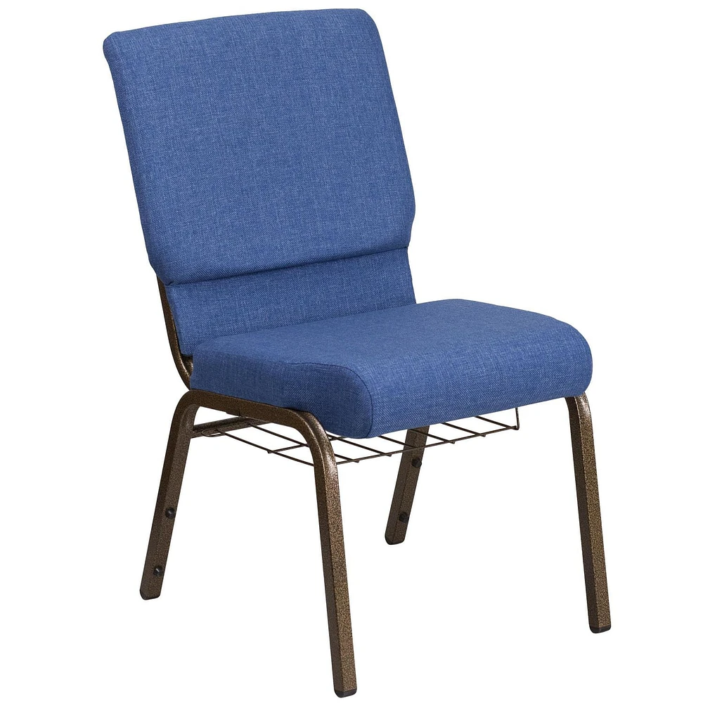 4 Pk. HERCULES Series 18.5''W Church Chair in Blue Fabric with Cup Book Rack - Gold Vein Frame