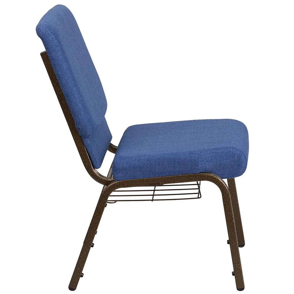 4 Pk. HERCULES Series 18.5''W Church Chair in Blue Fabric with Cup Book Rack - Gold Vein Frame