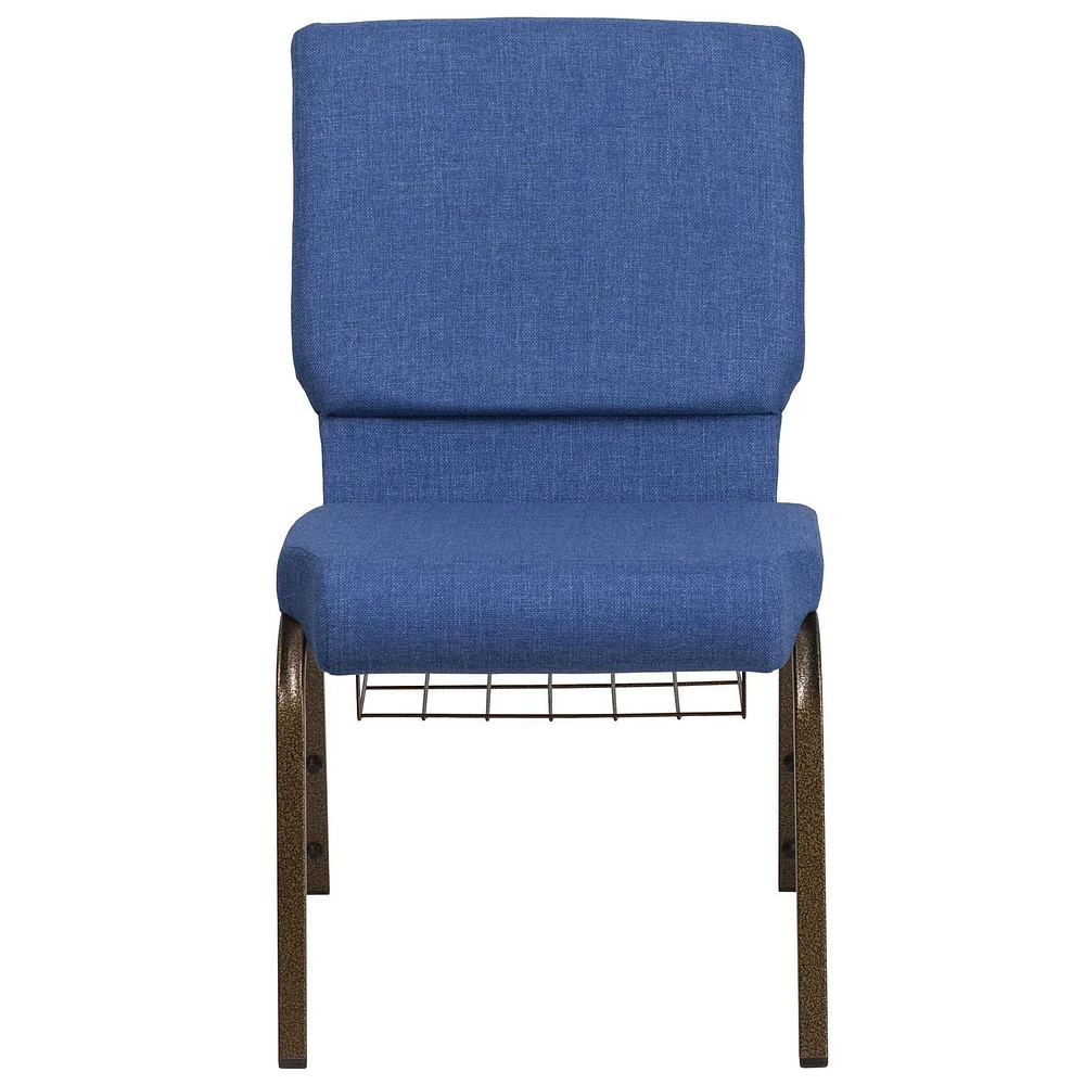 4 Pk. HERCULES Series 18.5''W Church Chair in Blue Fabric with Cup Book Rack - Gold Vein Frame