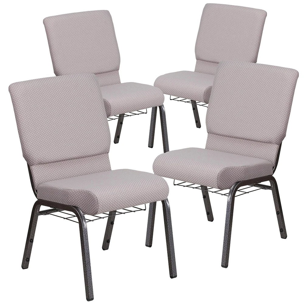 4 Pk. HERCULES Series 18.5''W Church Chair in Gray Dot Fabric with Book Rack - Silver Vein Frame