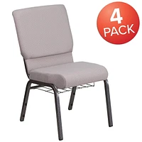 4 Pk. HERCULES Series 18.5''W Church Chair in Gray Dot Fabric with Book Rack - Silver Vein Frame