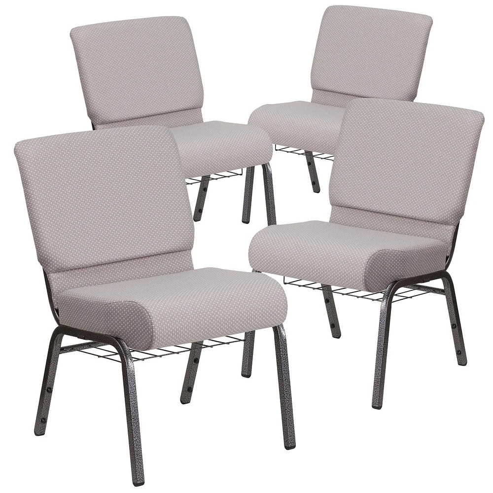 4 Pk. HERCULES Series 21''W Church Chair in Gray Dot Fabric with Book Rack - Silver Vein Frame