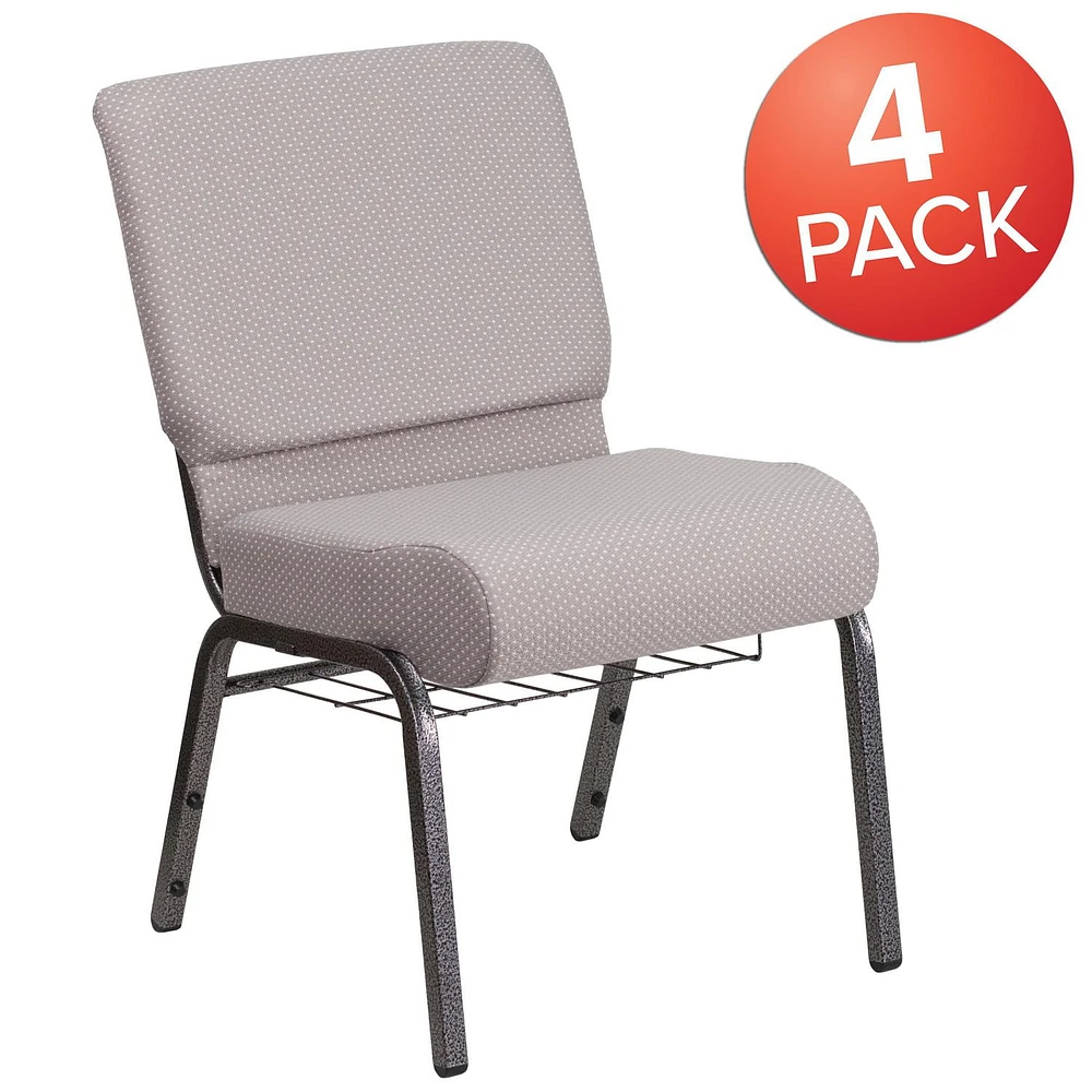 4 Pk. HERCULES Series 21''W Church Chair in Gray Dot Fabric with Book Rack - Silver Vein Frame