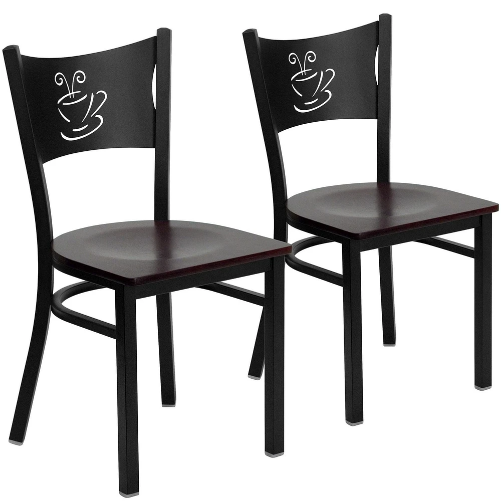 2 Pk. HERCULES Series Black Coffee Back Metal Restaurant Chair - Mahogany Wood Seat