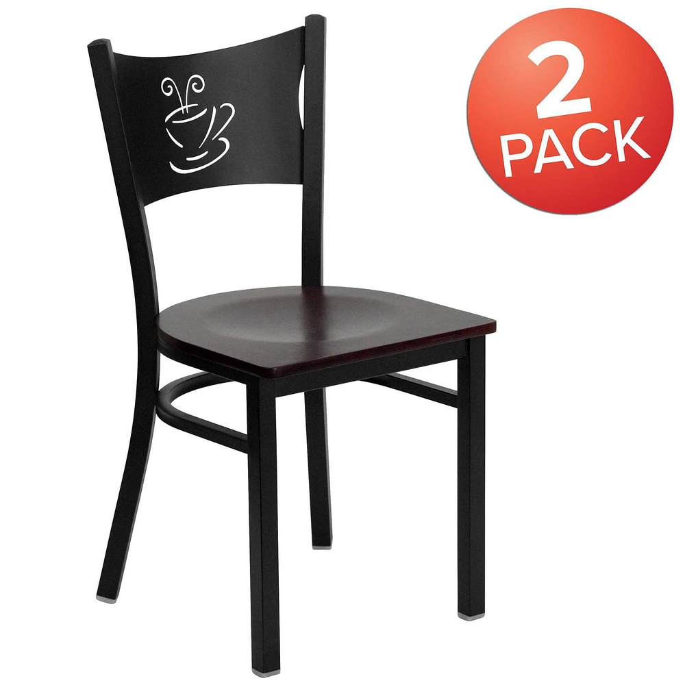 2 Pk. HERCULES Series Black Coffee Back Metal Restaurant Chair - Mahogany Wood Seat