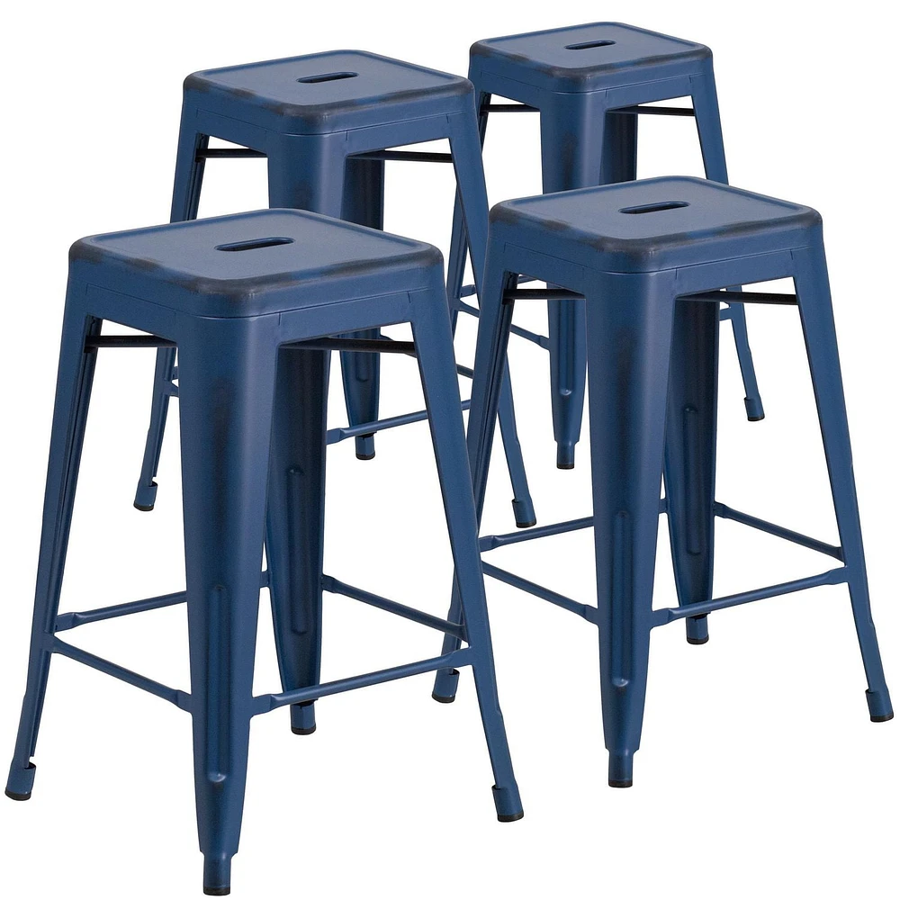 Commercial Grade 4 Pack 24" High Backless Distressed Antique Blue Metal Indoor-Outdoor Counter Height Stool