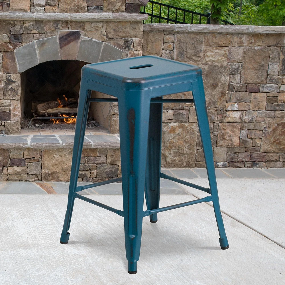 Commercial Grade 4 Pack 24" High Backless Distressed Antique Blue Metal Indoor-Outdoor Counter Height Stool