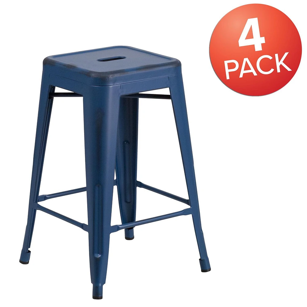 Commercial Grade 4 Pack 24" High Backless Distressed Antique Blue Metal Indoor-Outdoor Counter Height Stool