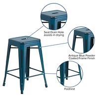 Commercial Grade 4 Pack 24" High Backless Distressed Antique Blue Metal Indoor-Outdoor Counter Height Stool