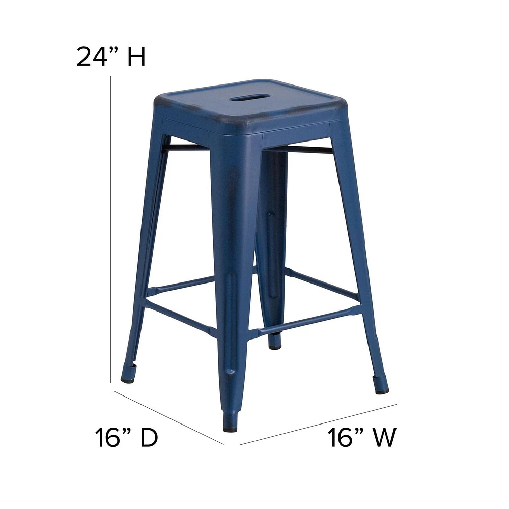 Commercial Grade 4 Pack 24" High Backless Distressed Antique Blue Metal Indoor-Outdoor Counter Height Stool