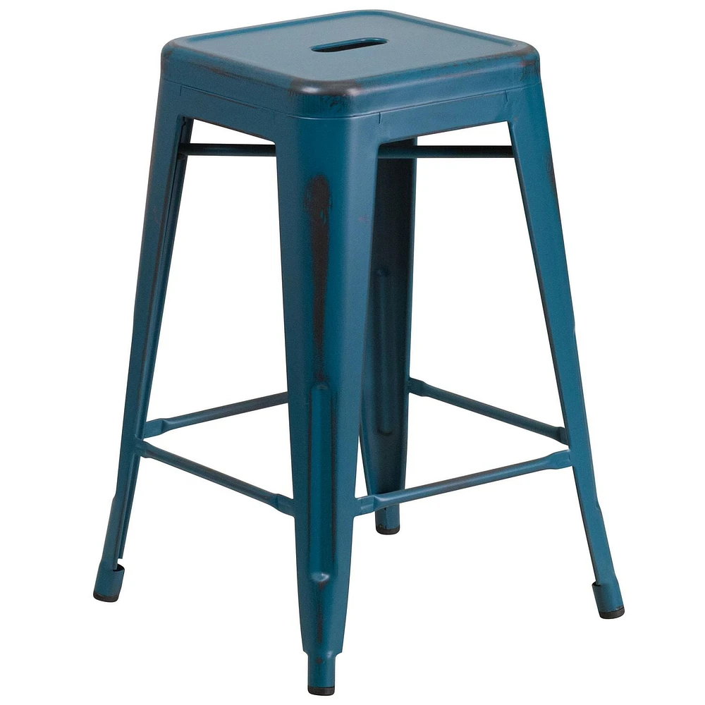 Commercial Grade 4 Pack 24" High Backless Distressed Antique Blue Metal Indoor-Outdoor Counter Height Stool