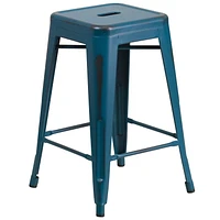 Commercial Grade 4 Pack 24" High Backless Distressed Antique Blue Metal Indoor-Outdoor Counter Height Stool